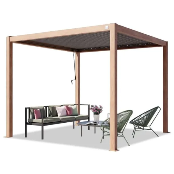PRIMEYARD Pergola 3x3 m stolpar av aluminium i trälook med lamelltak av stål terrasstak