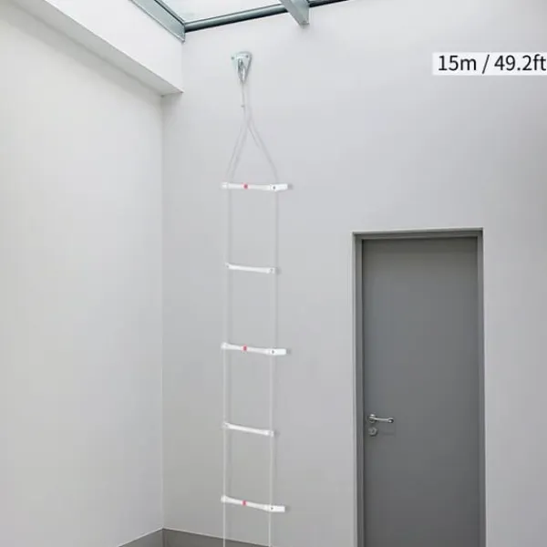 Räddningsstege - Repstege 15 m - Med Krokar - Brandutrymningsstege - Maxbelastning 200 kg