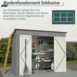 Redskapsbod i metall 8×4 ft (ca 244×122 cm), grå – vädertålig, inkl. metallfundament (utan golv) för trädgård/terrass