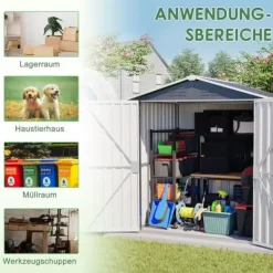 Redskapsbod i metall 142 x 185 cm, grå – låsbar dörr, ventilationshål, inkl. metallbas, vädertålig för trädgårdsredskap Skjul, Garage & Carports