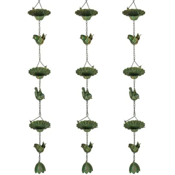 Sale Regnkedja 3-pack, 123 cm, metall med fåglar & klocka, med upphängning, grön Trädgårdsprydnader
