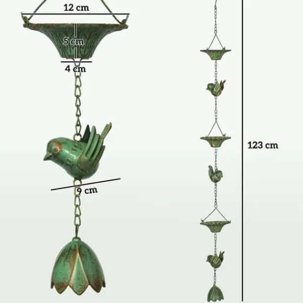 Sale Regnkedja 3-pack, 123 cm, metall med fåglar & klocka, med upphängning, grön Trädgårdsprydnader