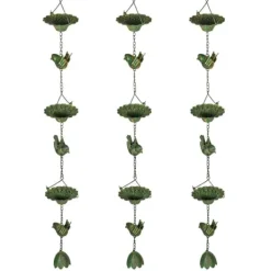 Regnkedja 3-pack, 123 cm, metall med fåglar & klocka, med upphängning, grön