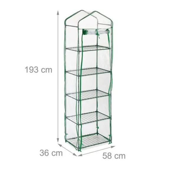 Relaxdays Balkongväxthus, 5 hyllor, järn, PVC-duk, H x B x D : 193 x 58 x 36 cm, transparent och grön
