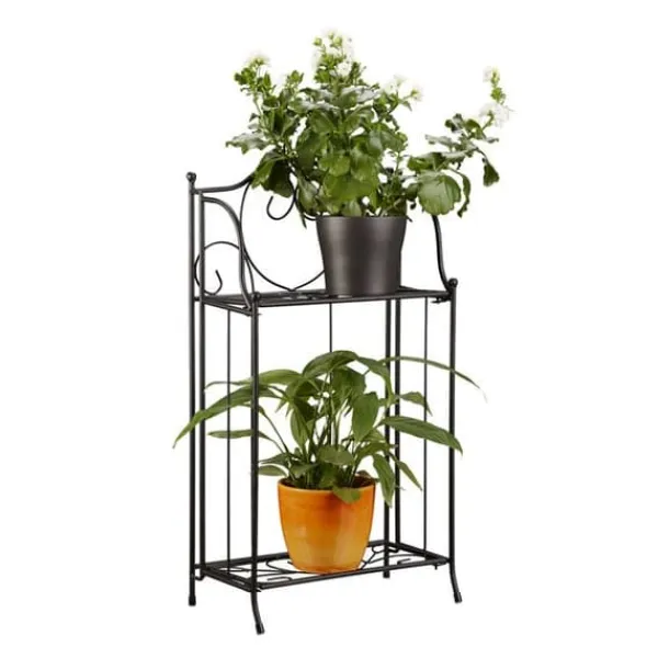 Relaxdays Blomsterhylla i metall 2 plan utomhus växtstöd balkong terrass trädgård HxBxD: 64,5 x 33,5 x 18 cm, svart