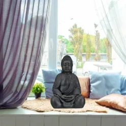 Discount Relaxdays Buddha-statyn, Buddha-figur, trädgårdsdekoration, keramikskulptur, Zen 50 cm, ljusgrå Trädgårdsprydnader