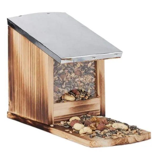 Online Relaxdays Ekorrmatare, Trä matare, vattentät metalltak, att ställa på, Ekorrhus, flammad För Fåglar & Småvilt
