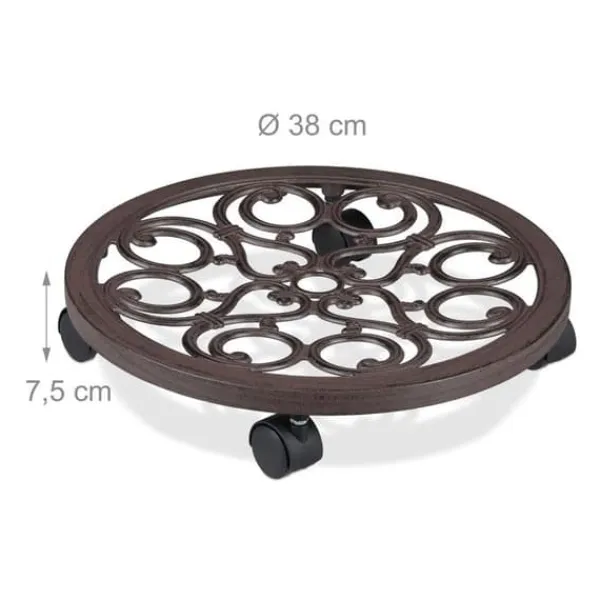 Relaxdays stöd för rullande växter, rund, i metall, rullande bricka för blomkrukor, antik utseende, brun Stöd Med Hjul, Säten & Knäskydd För Trädgårdsskötsel