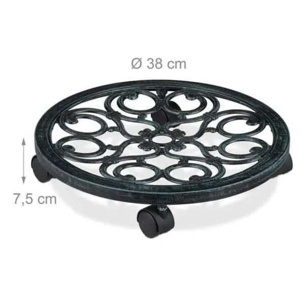Discount Relaxdays stöd rullande växter rund, i metall, rullande fat blomkrukor, antik utseende, grön Stöd Med Hjul, Säten & Knäskydd För Trädgårdsskötsel