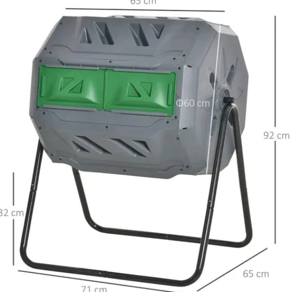 Best Rootz 2-behållare kompostbehållare - 160L Kapacitet - Roterande kompostbehållare - Grå + Grön + Svart - 71cm x 65cm x 96cm Kompostering