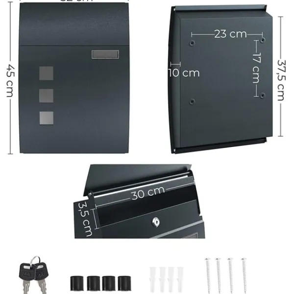 Discount Rootz brevlåda - Väggbrevlåda - Låsbar - Namnskyltshållare - Nycklar - Antracit - 32 x 10 x 45 cm Postlådor & Brevlådor