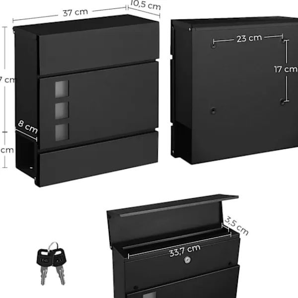 Outlet Rootz brevlåda - Väggbrevlåda - Väggmonterad - Låsbar - Tidningsfack - Svart - Metall - 37 x 10,5 x 37 cm Postlådor & Brevlådor