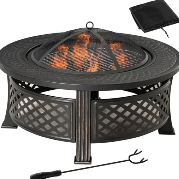 Rootz Fire Pit - Eldskål - Eldkorg - Eldbord - Runt Eldstad - För trädgårdscamping - BBQ - Med Poker Gnistskydd - Stål - Svart - 81 x 81 x 50 cm