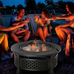 Rootz Fire Pit - Eldskål - Eldkorg - Eldbord - Runt Eldstad - För trädgårdscamping - BBQ - Med Poker Gnistskydd - Stål - Svart - 81 x 81 x 50 cm