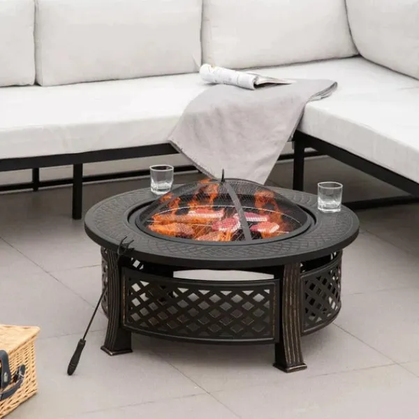 Rootz Fire Pit - Eldskål - Eldkorg - Eldbord - Runt Eldstad - För trädgårdscamping - BBQ - Med Poker Gnistskydd - Stål - Svart - 81 x 81 x 50 cm
