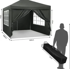 Outlet Rootz Gazebo Pop-Up-tält - Vattentät Pagoda - Solskydd - UV-skydd, Regnbeständig, Enkel installation - Metall och 210D Oxford-tyg - 3 x 3 m Grå Tält & Lusthus