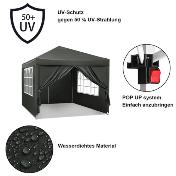 Outlet Rootz Gazebo Pop-Up-tält - Vattentät Pagoda - Solskydd - UV-skydd, Regnbeständig, Enkel installation - Metall och 210D Oxford-tyg - 3 x 3 m Grå Tält & Lusthus