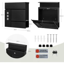 Rootz Mailbox med tidningsutrymme - Letterbox - Wall Mount Post Box - Waterproof - 37x37x10,5 cm svart