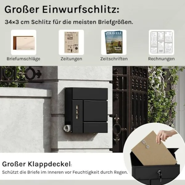 Rootz Mailbox med tidningsutrymme - Letterbox - Wall Mount Post Box - Waterproof - 37x37x10,5 cm svart
