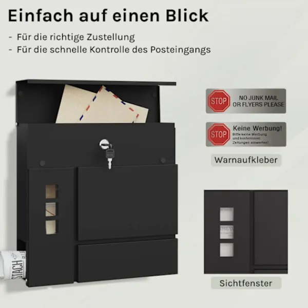 Rootz Mailbox med tidningsutrymme - Letterbox - Wall Mount Post Box - Waterproof - 37x37x10,5 cm svart