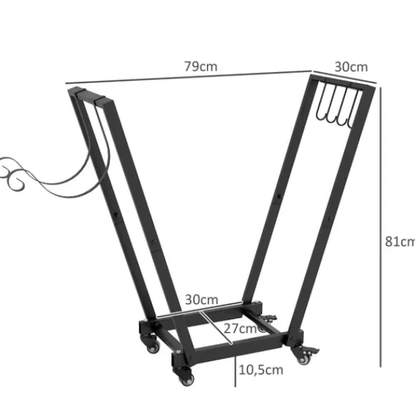 Rootz Trapetsformad vedförvaringshylla - Metallstockhållare - Pulverlackerad - Dekorativ design - Upphöjd trähylla - Mobila hjul - 79cm x 30cm x 81cm | CDON
