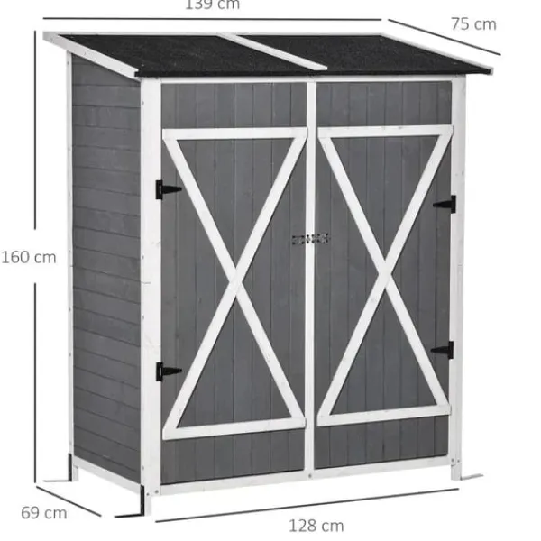 Rootz Verktygsbod - Trädgårdsskåp - 2 dörrar - Verktygsskåp - Trädgårdsförvaring - Trä - Grå/Vit - 139 x 75 x 160 cm