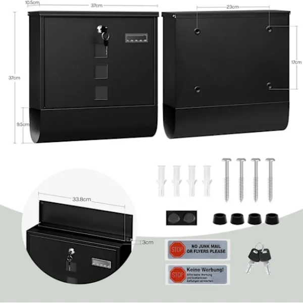 Rootz Wall Mailbox - Outdoor Letterbox - Locking Mail Holder - Rust -resistent, Privacy Secure - 37x37x10.5 cm svart