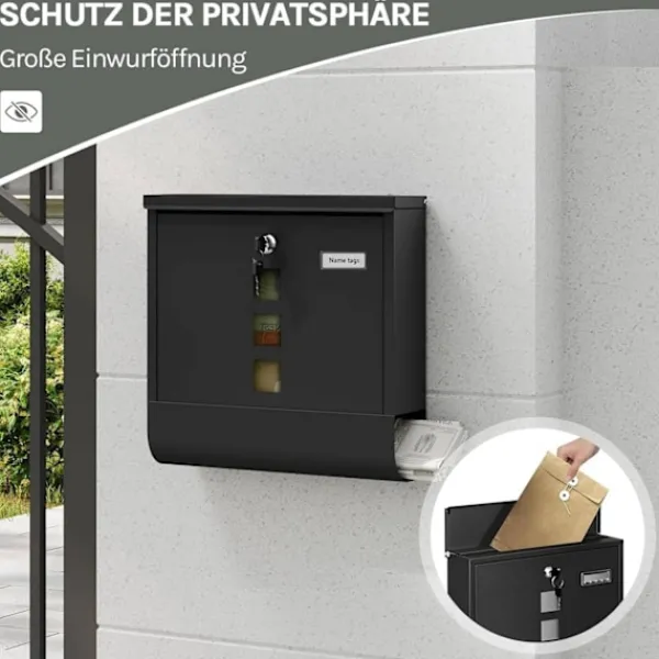 Rootz Wall Mailbox - Outdoor Letterbox - Locking Mail Holder - Rust -resistent, Privacy Secure - 37x37x10.5 cm svart