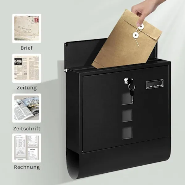 Rootz Wall Mailbox - Outdoor Letterbox - Locking Mail Holder - Rust -resistent, Privacy Secure - 37x37x10.5 cm svart