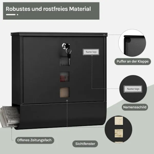 Rootz Wall Mailbox - Outdoor Letterbox - Locking Mail Holder - Rust -resistent, Privacy Secure - 37x37x10.5 cm svart