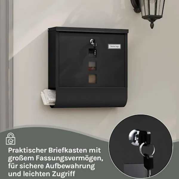 Rootz Wall Mailbox - Outdoor Letterbox - Locking Mail Holder - Rust -resistent, Privacy Secure - 37x37x10.5 cm svart