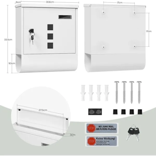 Clearance Rootz White Mailbox - Wall -Moned Post Box - Secure Locking System - Galvanized Steel - 30,6 x 33,5 x 10 cm Postlådor & Brevlådor