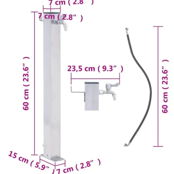 Outlet Rostfri vattenpost 60 cm - Fyrkantig trädgårdskran med krok | Färg: Rostfritt stål | Storlek: 60 cm Bevattning
