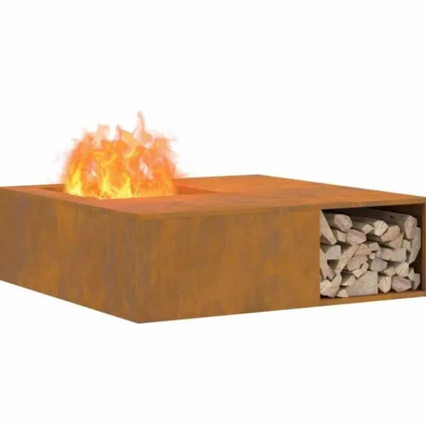 Clearance Rustik utomhus eldstad med vedförvaring - Väderbeständigt stål | Storlek: 100x100x30 cm Öppna Spisar