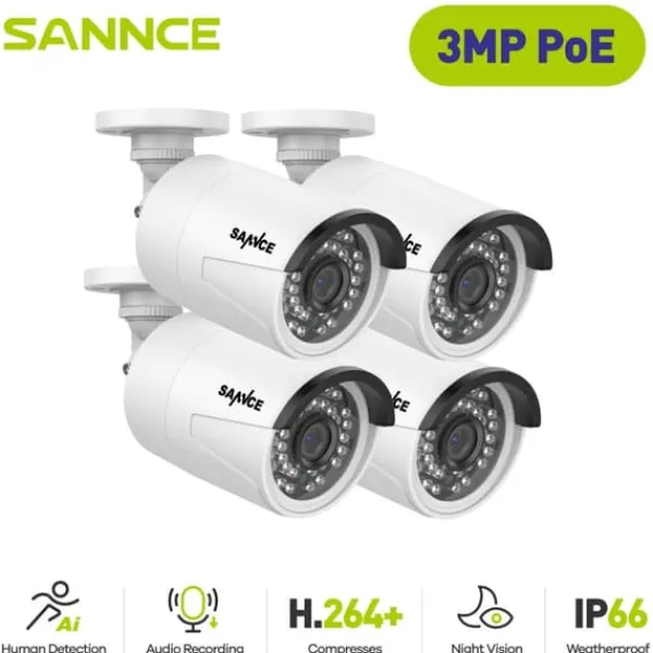 SANNCE 3MP PoE Säkerhetskamera, Förbättrad Nattseende, Väderbeständig Design,71FQ0471FQ04