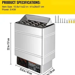 Saunaugn 9 kW, elsauna 380 V - 415 V, rostfri saunaugn, elektrisk saunaugn 2 lägen (temperatur, tid), extern kontroll och 3M-temperatursensor