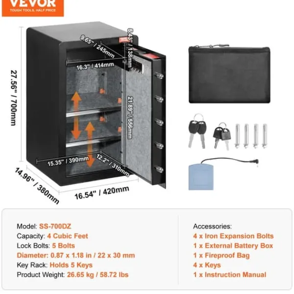 Säkerhetsbox, Fingeravtryckslås, Dubbelt Larm System,2-vägs åtkomst 4CU.FT