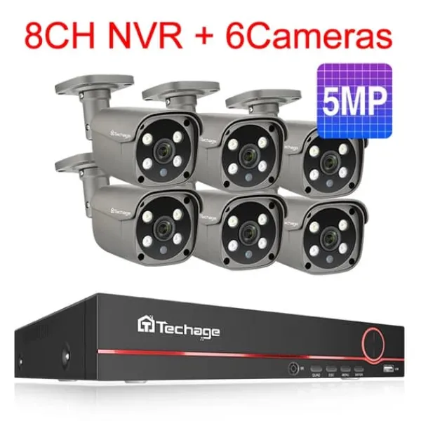Säkerhetskamerasystem, 4K HD-upplösning, tvåvägsljud, 3T(outdoor sport), 8CH 6 st 5MP kamera