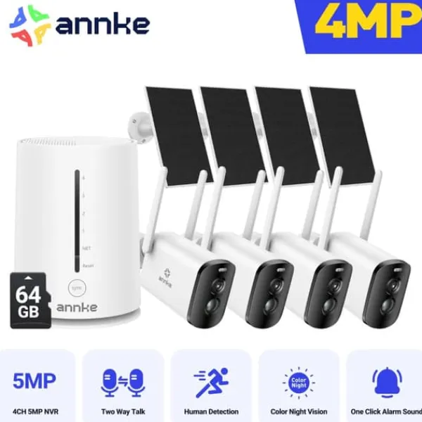 Säkerhetskamerasystem, 4MP upplösning, panorering och lutning funktionalitet,5200mAh 4St 64G