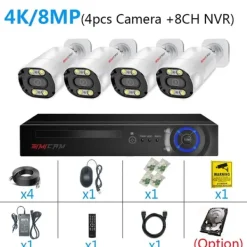 Hot Säkerhetskamerasystem, 8MP upplösning, tvåvägsljud,8CH 4St 4K, 2T Säkerhetsmonitorer & Videokameror