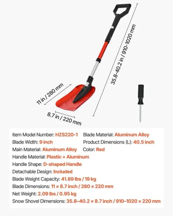 Hot Snöskyffel - Hopfällbar - Blad 22 cm - Justerbar längd 91–102 cm - D-handtag - Lätt aluminiumlegering - Ergonomisk Snöborttagning