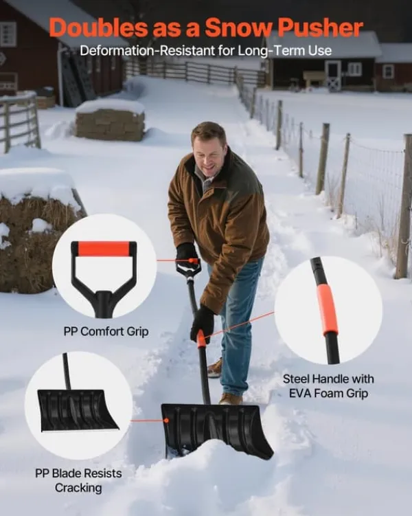 Snöskyffel/Snöspade - Handhållen - Ergonomiskt D-handtag - 42 cm Bladbredd - Aluminiumblad - Lätt vikt - Stor kapacitet - För uppfart och trädgård
