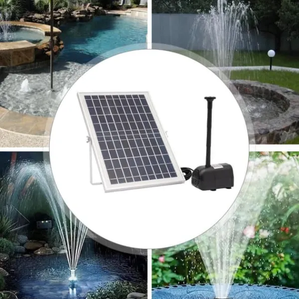 Outlet Solcellsfontänpump för damm/pool/akvarium - Vattenpump Kit - 10 W - 24 V Borstlös - Max 1000 l/h - Munstycken Ingår - Plast - Svart Fontäner & Dammar