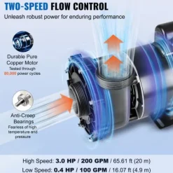 Hot Spa-pump 1600W, dubbel hastighet 39 m³/h, 400W 19 m³/h, 2 In/5,6 cm kontakter, överhettningsskydd, läckageskydd, 90° rotation Spa & Utomhusbad