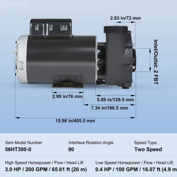 Hot Spa-pump 1600W, dubbel hastighet 39 m³/h, 400W 19 m³/h, 2 In/5,6 cm kontakter, överhettningsskydd, läckageskydd, 90° rotation Spa & Utomhusbad