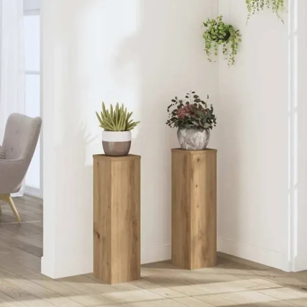 vidaXL Stöd för växter i ingenjörsträ - - 2 delar - Hantverks-ek - Rå - 17x17x60 cm