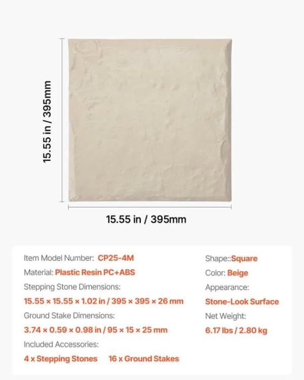 Stegstenar - 4-pack Gångplattor 39,5 x 39,5 cm - Med Pålar - Väderbeständiga - Plast - Slät Yta - För Gräsmatta och Terrass - Beige