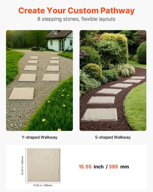 Stegstenar och gångplattor för trädgård - Set om 8 - Mått 39,5 x 39,5 cm - Med pålar - Väderbeständig plast - Slät yta - Beige