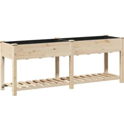 Sale Stort rektangulärt trädgårdsplanterare med hylla i massivt trä | Storlek: 203x53x76 cm | Färg: Naturligt trä Planteringsbänkar
