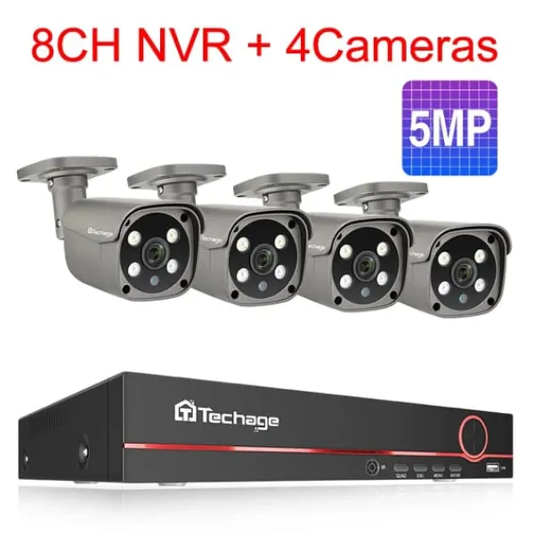 Techage säkerhetskamerasystem, 8-kanals NVR, AI mänsklig detektion,8CH 4St 5MP Kamera, 4T